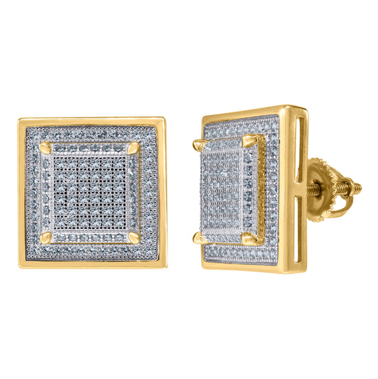 Sterling Silver Yellow-Tone Unisex Cubic Zirconia Square Stud Earrings