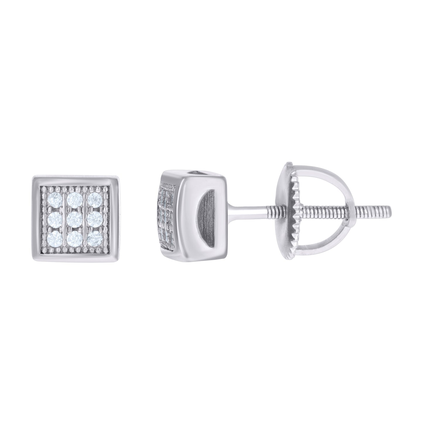 Sterling Silver Unisex Cubic Zirconia Square Stud Earrings
