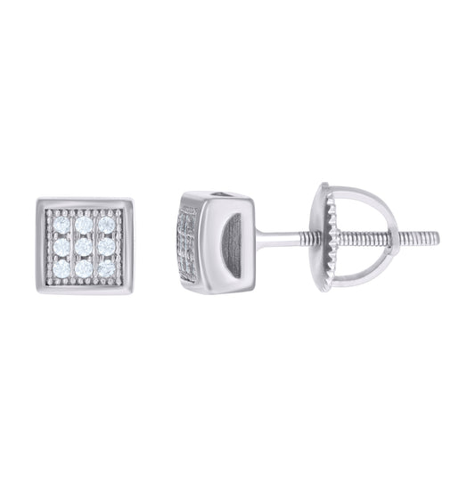 Sterling Silver Unisex Cubic Zirconia Square Stud Earrings