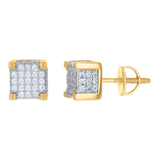 Sterling Silver Yellow-Tone Unisex Cubic Zirconia Square Stud Earrings