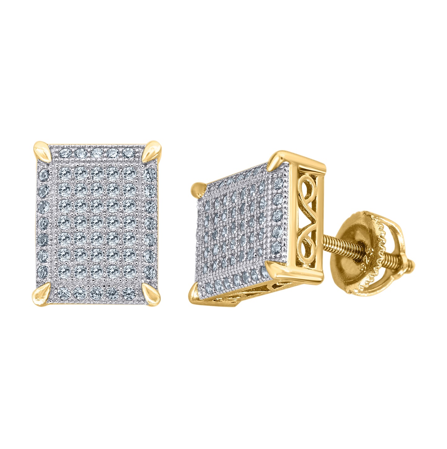 Sterling Silver Yellow-Tone Unisex Cubic Zirconia Rectangle Stud Earrings