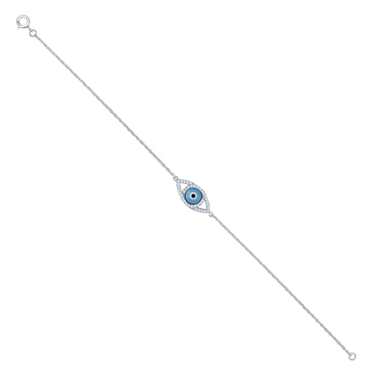 Sterling Silver Womens Cubic Zirconia Rolo Link Evil Eye Bracelet