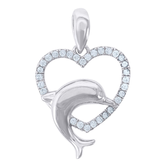 Sterling Silver Womens Cubic Zirconia Heart Dolphin Charm Pendant