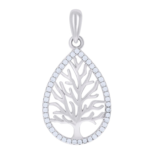 Sterling Silver Womens Cubic Zirconia Tree Of Life Teardrop Charm Pendant