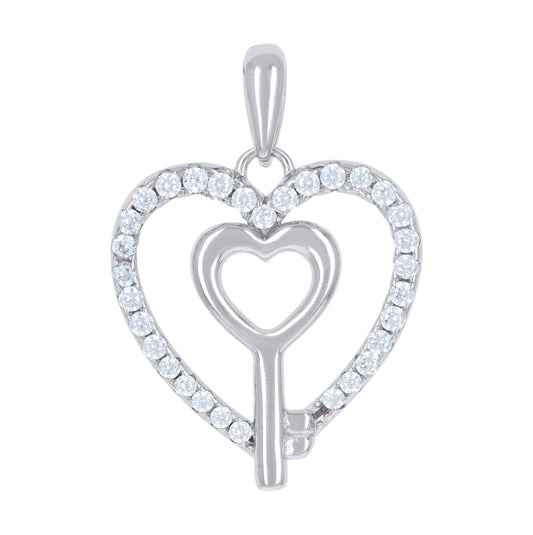 Sterling Silver Womens Cubic Zirconia Heart Key Charm Pendant