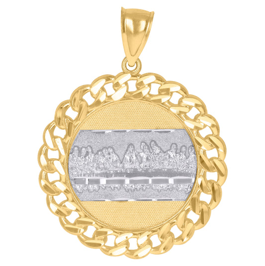 10K Gold Two-Tone Mens Last Supper Religious Cuban Link Medallion Charm Pendant