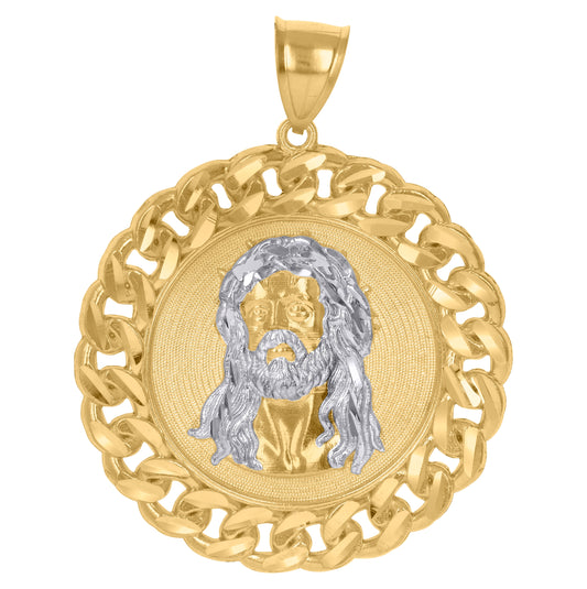 10K Two-Tone Gold Mens Women Curb Border Jesus Christ Religious Charm Pendant