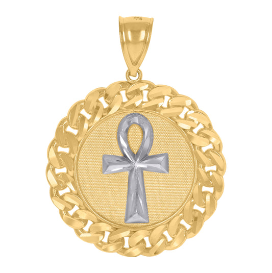 10K Gold Two-Tone Textured Mens Ankh Cross Religious Cuban Link Medallion Charm Pendant
