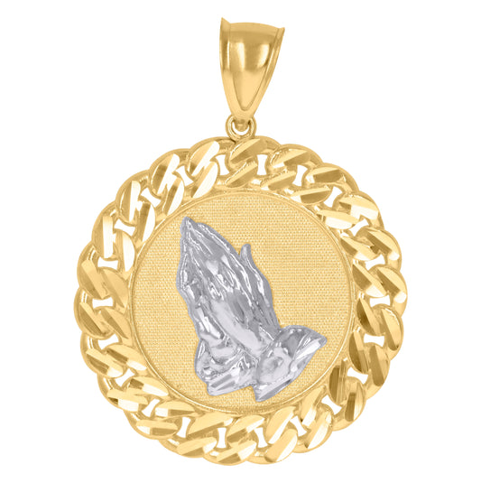 10K Gold Two-Tone Textured Mens Praying Hands Religious Charm Pendant