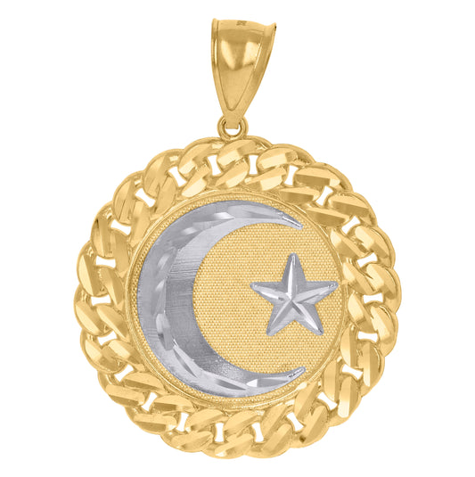 10K Gold Two-Tone Diamond-Cut Mens Crescent Moon Star Religious Cuban Link Medallion Charm Pendant