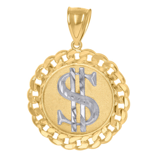 10K Gold Two-Tone Diamond-Cut Mens Dollar Sign Currency Cuban Link Medallion Charm Pendant