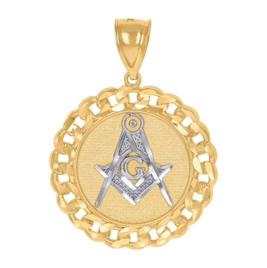 10K Gold Two-Tone Textured Mens Masonic Religious Cuban Link Medallion Charm Pendant