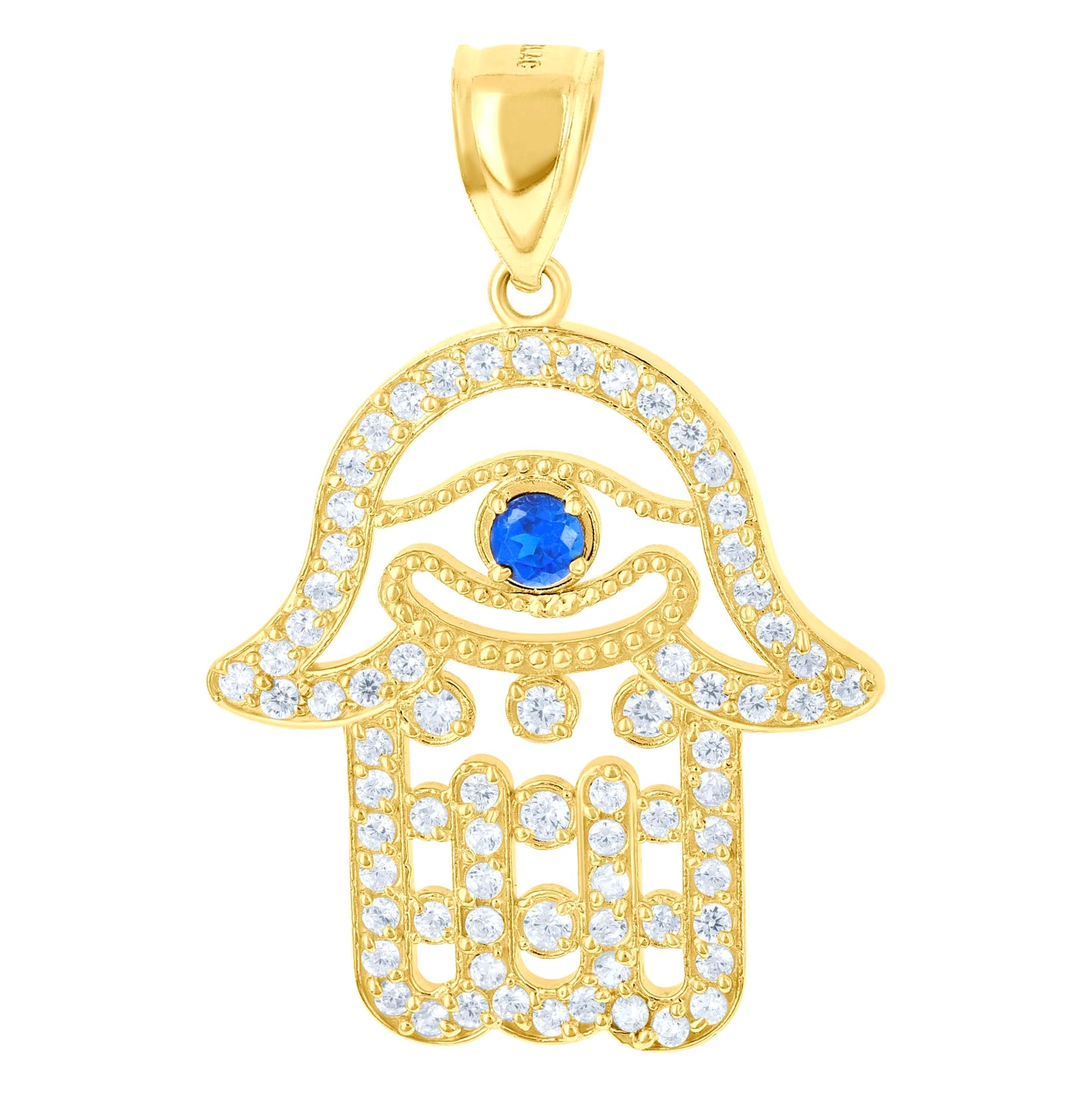 10K Yellow Gold Mens White Royal Blue Cubic Zirconia Hamsa Religious Charm Pendant