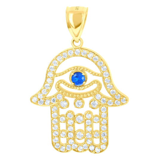 10K Yellow Gold Mens White Royal Blue Cubic Zirconia Hamsa Religious Charm Pendant