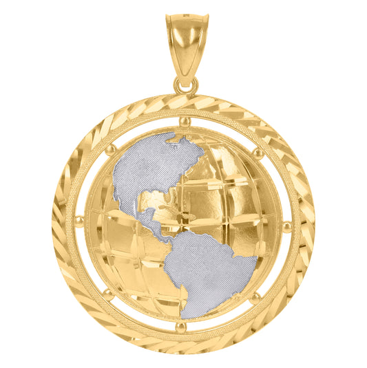 10K Two-Tone Gold Unisex Diamond-Cut World Map Globe Charm Pendant