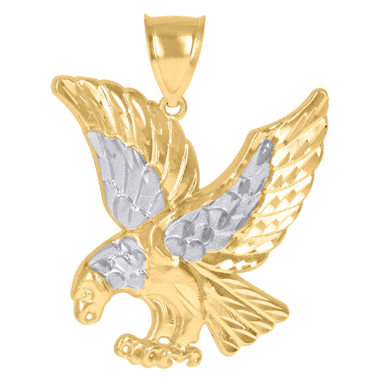 10K Two-Tone Gold Mens Diamond-Cut Eagle Animal Patriotism Charm Pendant
