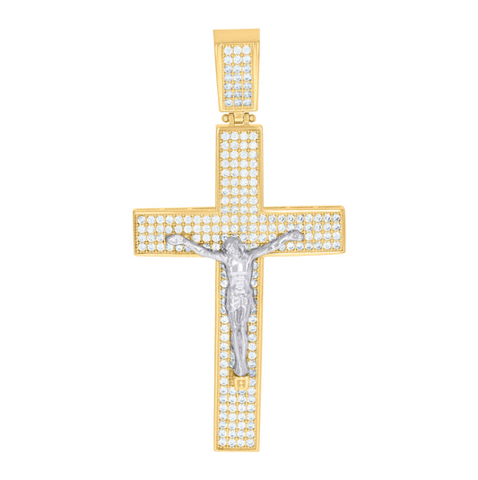 10K Two-Tone Gold Mens Cubic-Zirconia Cross Crucifix Religious Charm Pendant