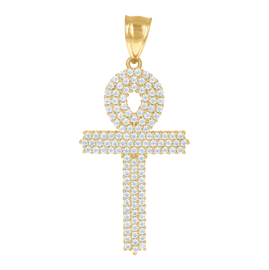 10K Yellow Gold Unisex Cubic Zirconia Cubic-Zirconia Ankh Cross Religious Charm Pendant
