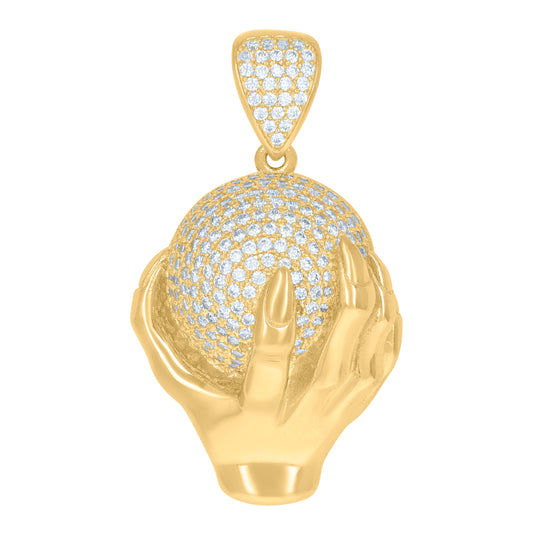 10K Yellow Gold Cubic-Zirconia Unisex Hand Globe Charm Pendant