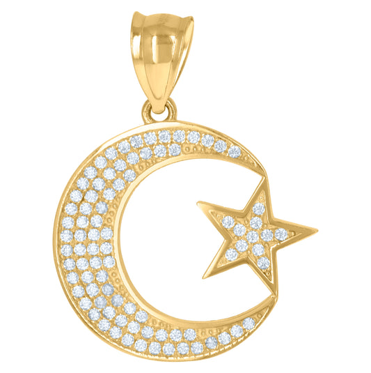 10K Yellow Gold Mens Cubic Zirconia Star Moon Religious Charm Pendant