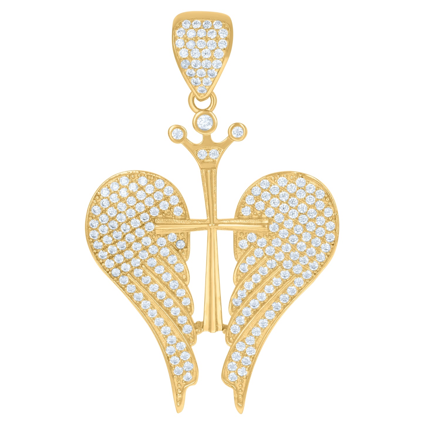 10K Yellow Gold Cubic-Zirconia Mens Cross Angel Wings Religious Charm Pendant