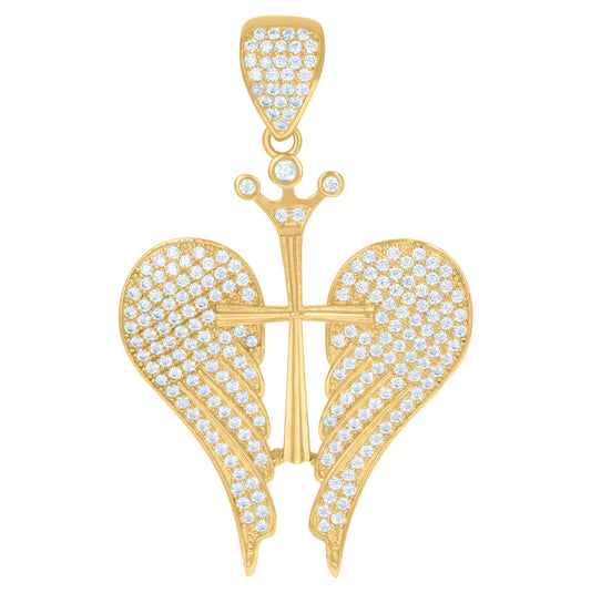 10K Yellow Gold Cubic-Zirconia Mens Cross Angel Wings Religious Charm Pendant