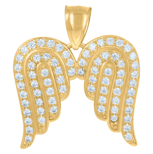 10K Yellow Gold Mens Women Cubic Zirconia Angel Wings Religious Charm Pendant