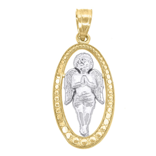 10K Gold Two-Tone Textured Womens Angel Oval Shape Religious Charm Pendant
