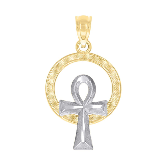 10K Gold Two-Tone Textured Womens Ankh Cross Religious Charm Pendant