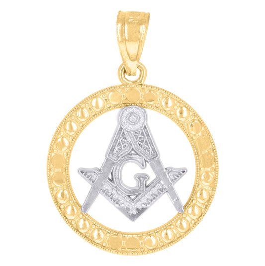 10K Two-Tone Gold Mens Women Textured Freemason Masonic Charm Pendant