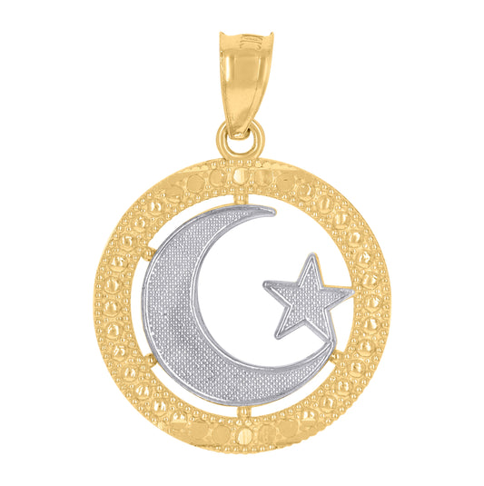 10K Gold Two-Tone Textured Womens Crescent Moon Star Religious Charm Pendant