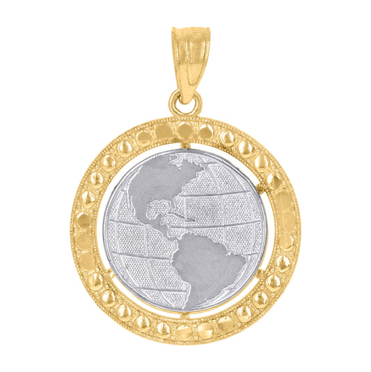 10K Two-Tone Gold Mens Women Textured Globe Charm Pendant