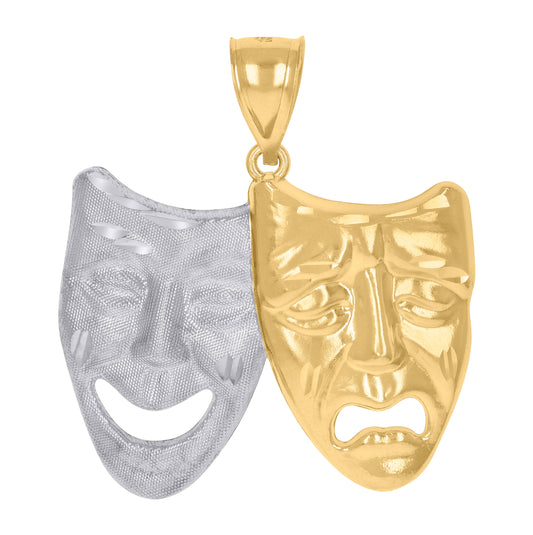 10K Two-Tone Gold Unisex Diamond-Cut Comedy Tragedy Mask Charm Pendant