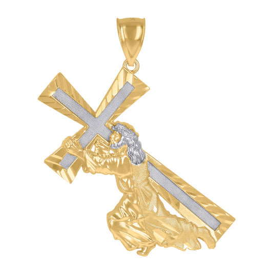 10K Gold Two-Tone Diamond-Cut Unisex Jesus Carrying Cross Religious Charm Pendant