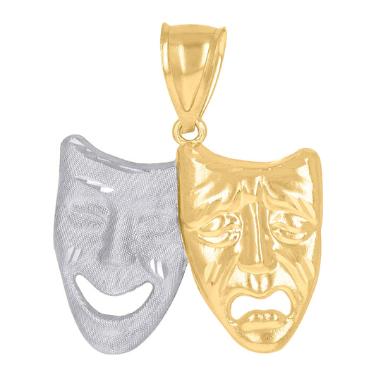 10K Two-Tone Gold Unisex Textured Comedy Tragedy Mask Charm Pendant