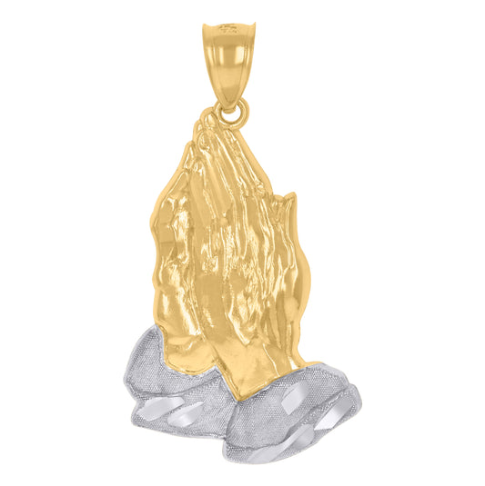 10K Gold Two-Tone Diamond-Cut Textured Unisex Praying Hands Religious Charm Pendant