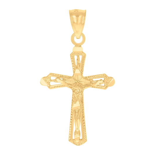 14K Yellow Gold Unisex Diamond-Cut Cross Crucifix Religious Pendant Charm