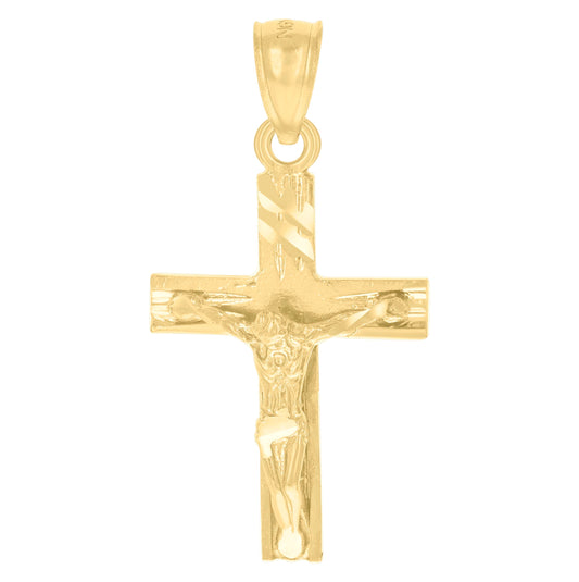 14K Yellow Gold Unisex Diamond-Cut Cross Crucifix Ht:28.5Mm Religious Pendant Charm