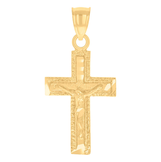 14K Yellow Gold Unisex Diamond-Cut Cross Crucifix Ht:16.4Mm Religious Pendant Charm