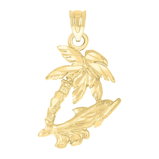 14K Yellow Gold Unisex Dolphin Tree Animal Ht:26.5Mm Pendant Charm