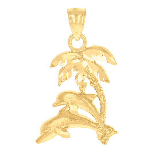 14K Yellow Gold Unisex Dolphin Trees Animal Pendant Charm