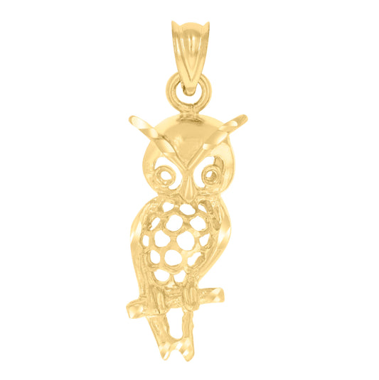 14K Yellow Gold Womens Diamond-Cut Owl Bird Ht:26.3Mm Pendant Charm