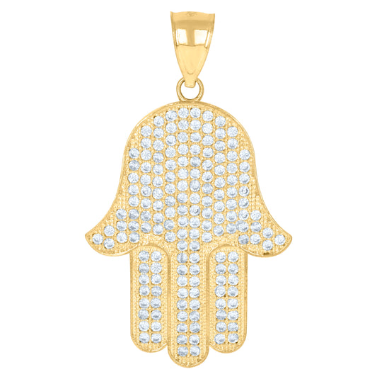 10K Two-Tone Gold Mens Cubic Zirconia Cubic-Zirconia Hamsa Religious Charm Pendant