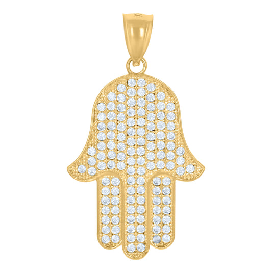 10K Two-Tone Gold Mens Cubic Zirconia Cubic-Zirconia Hamsa Religious Charm Pendant