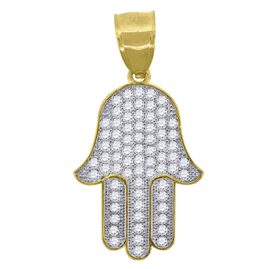 10K Two-Tone Gold Mens Cubic Zirconia Cubic-Zirconia Hamsa Hand Charm Pendant