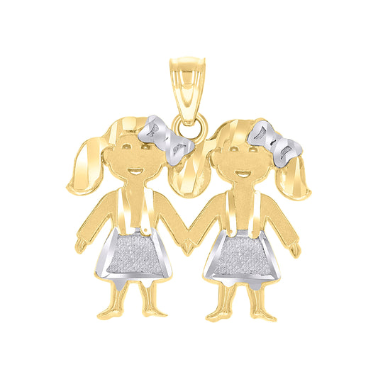 14K Yellow Gold Baby Diamond-Cut Textured Toddler Two Twin Girls Charm Baby Pendant