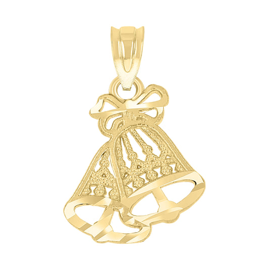 14K Gold Womens Yellow Diamond-Cut Christmas Bells Ht:20.1Mm Fashion Pendant Charm
