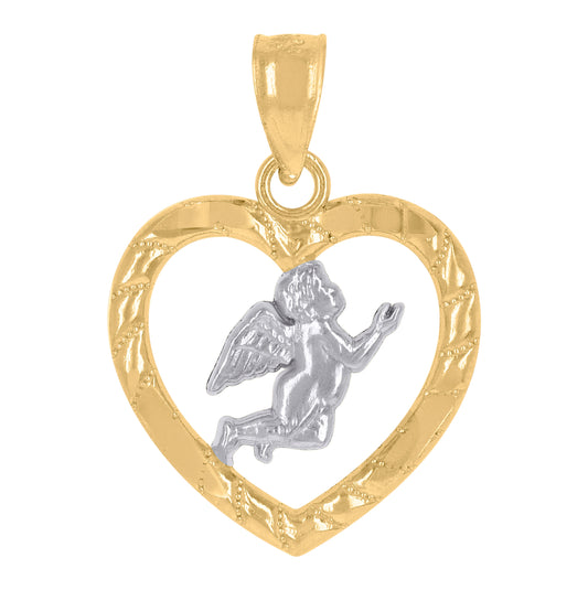 14K Gold Womens Two-Tone Angel Heart Ht:20.7Mm Religious Pendant Charm