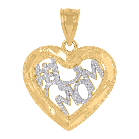 14K Gold Womens Two-Tone Diamond-Cut No.1 Mom Mother Ht:22Mm Heart Pendant Charm