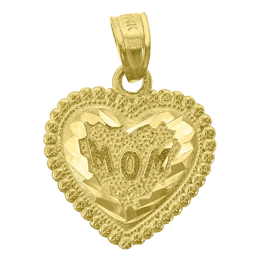 14K Yellow Gold Womens Diamond-Cut Mom Heart Ht:18.8Mm Pendant Charm
